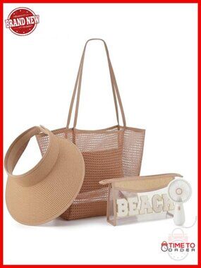 4pc Beach Gift Set: Tote Bag, Sun Hat, Makeup Bag, Handheld Fan Summer Travel